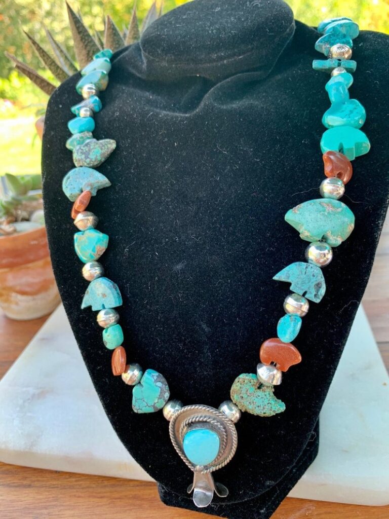Turquoise Bear Fetishes with Squash Blossom and Sterling Silver Beads